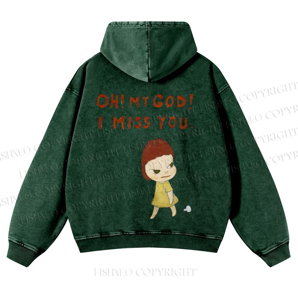 Casual Yoshitomo Nara I Miss You Printed Washed Hoodie