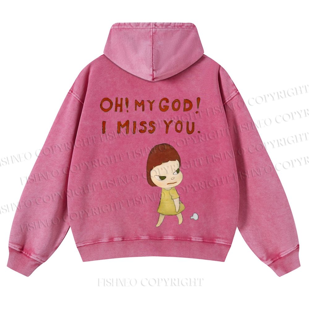 Casual Yoshitomo Nara I Miss You Printed Washed Hoodie