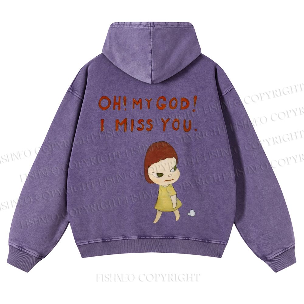 Casual Yoshitomo Nara I Miss You Printed Washed Hoodie