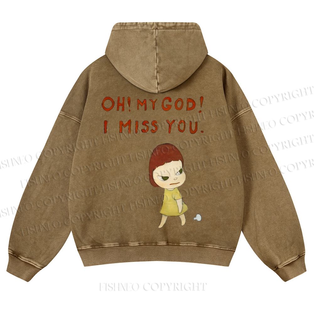 Casual Yoshitomo Nara I Miss You Printed Washed Hoodie