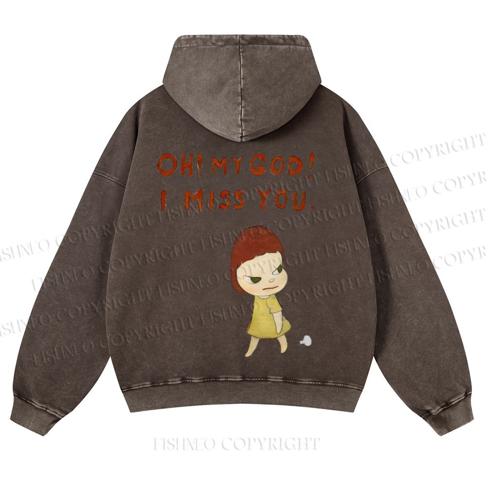 Casual Yoshitomo Nara I Miss You Printed Washed Hoodie