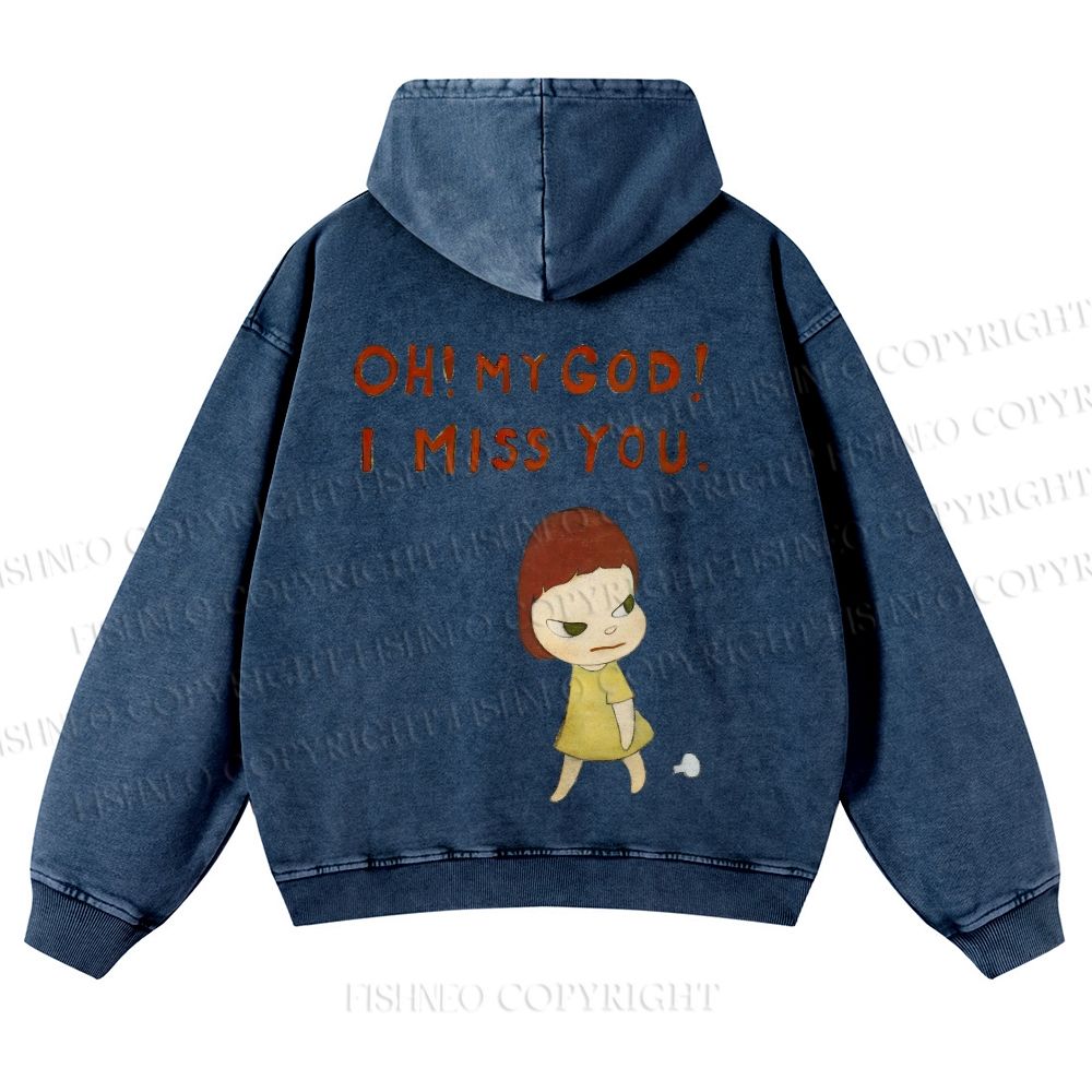 Casual Yoshitomo Nara I Miss You Printed Washed Hoodie