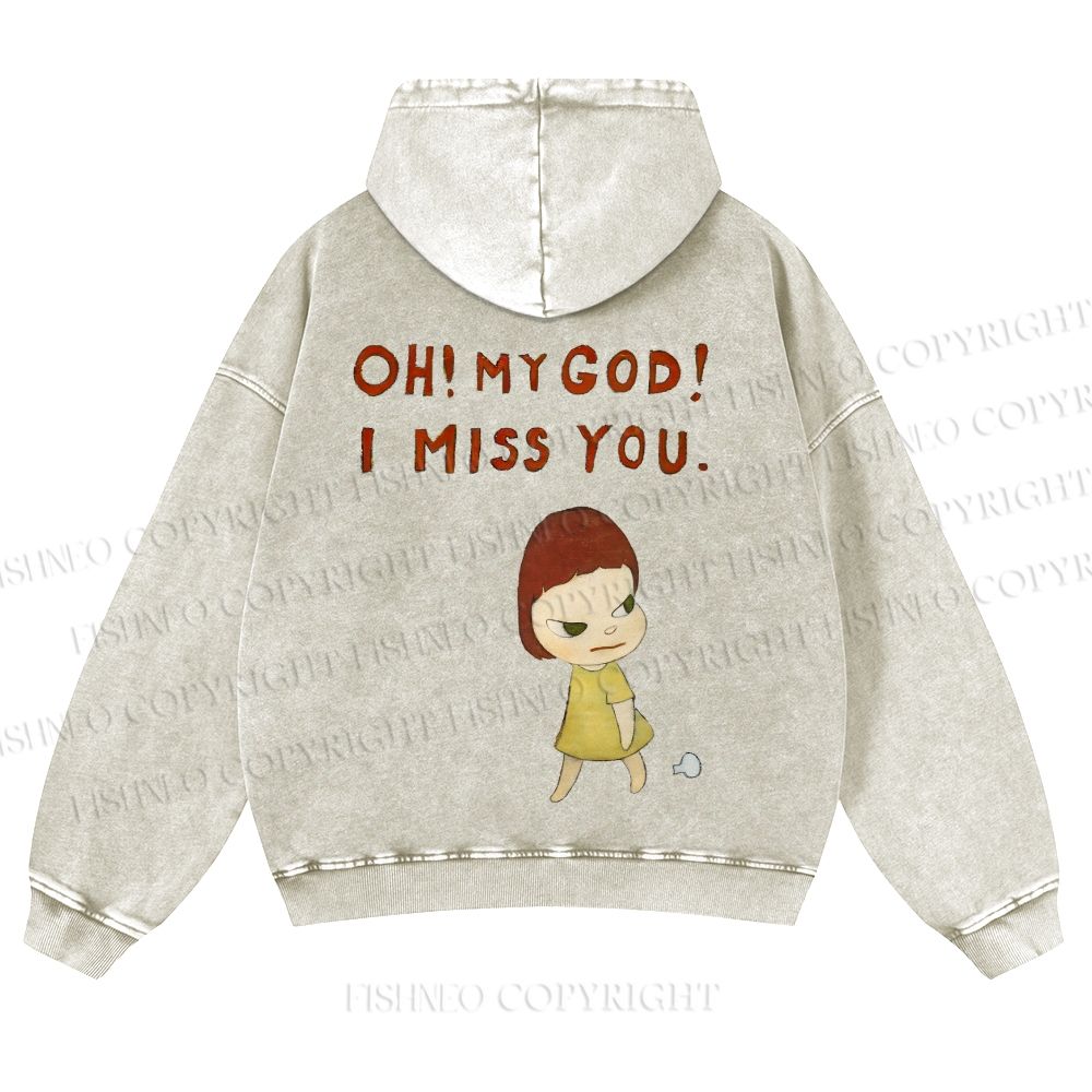 Casual Yoshitomo Nara I Miss You Printed Washed Hoodie