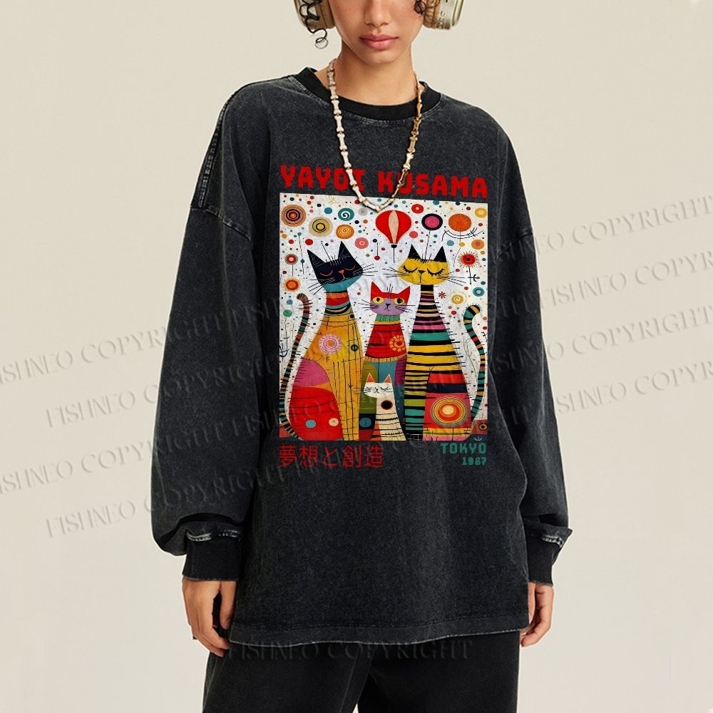 Unisex Casual Washed Yayoi Kusama Cats Dots Printed Long Sleeve T-shirt