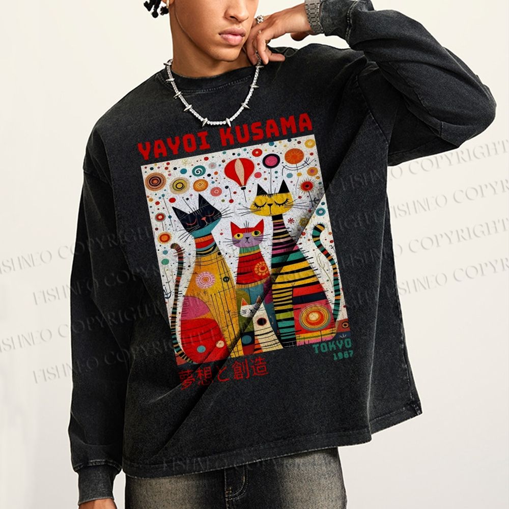Unisex Casual Washed Yayoi Kusama Cats Dots Printed Long Sleeve T-shirt
