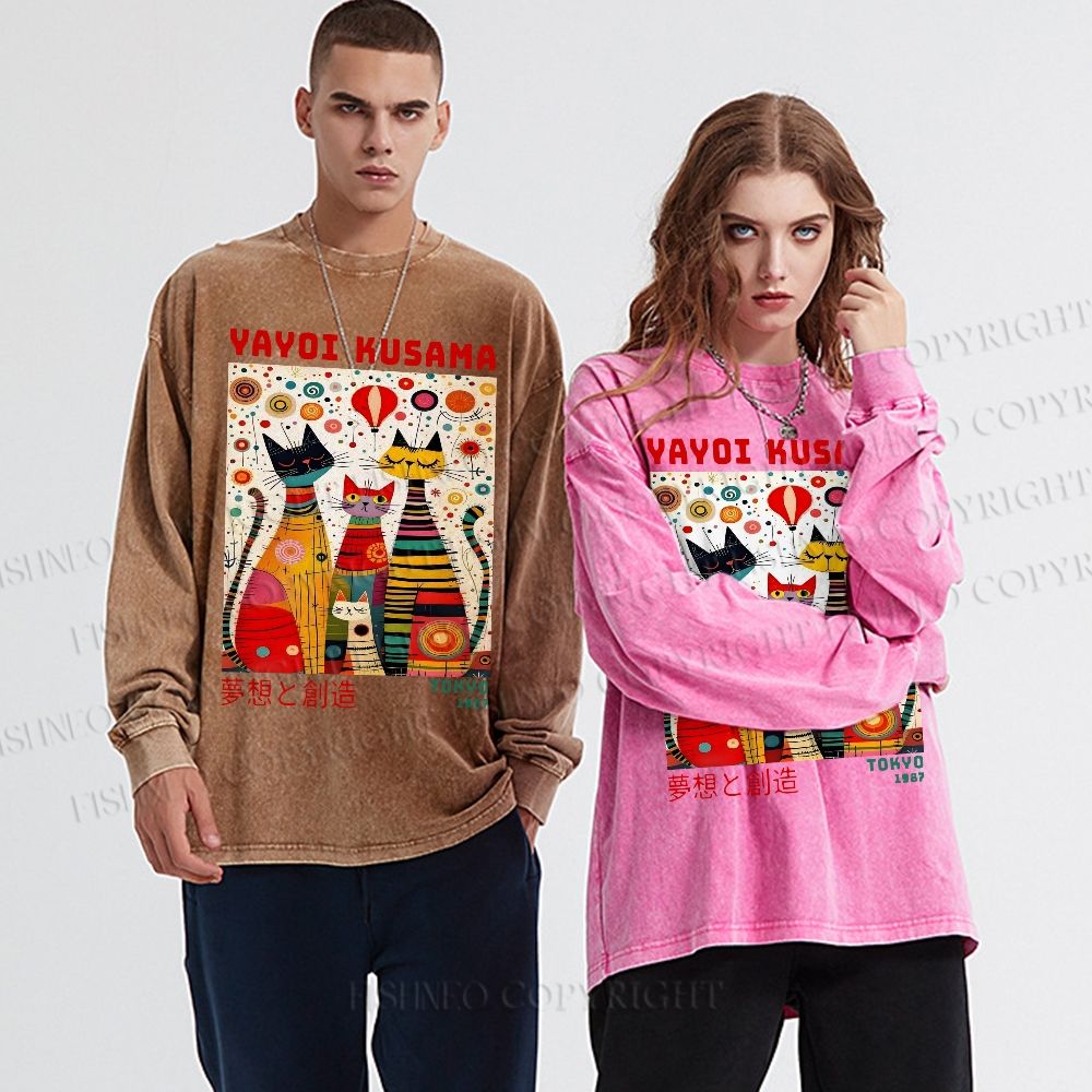 Unisex Casual Washed Yayoi Kusama Cats Dots Printed Long Sleeve T-shirt