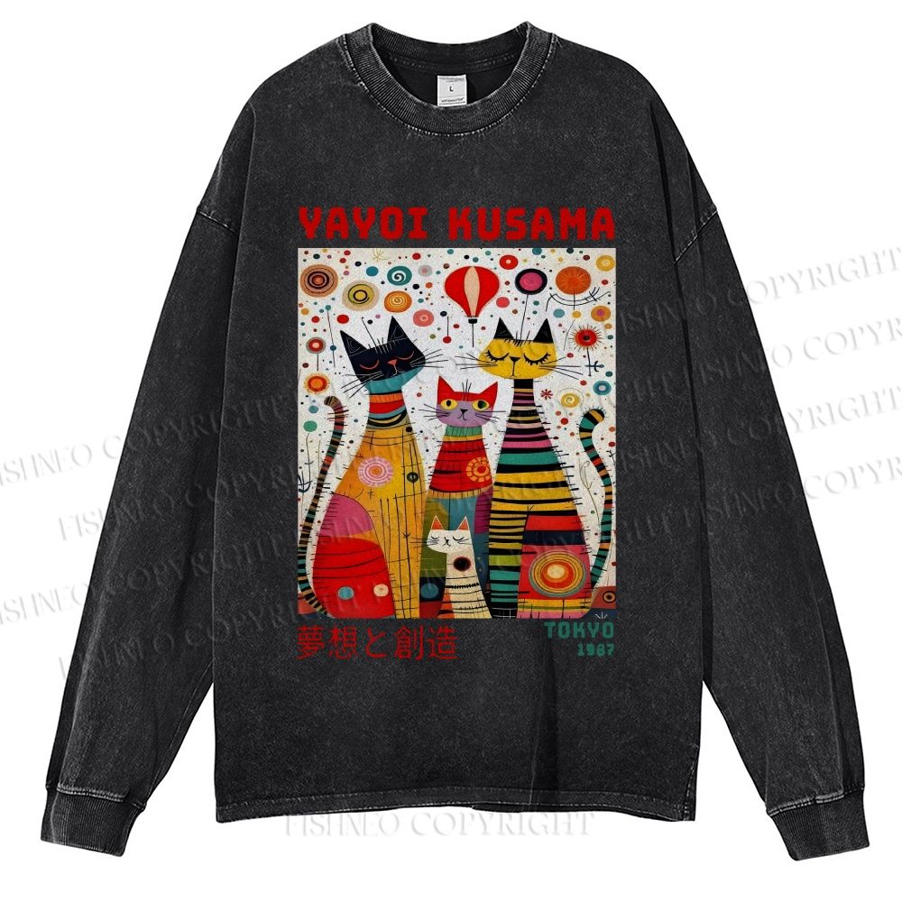 Unisex Casual Washed Yayoi Kusama Cats Dots Printed Long Sleeve T-shirt
