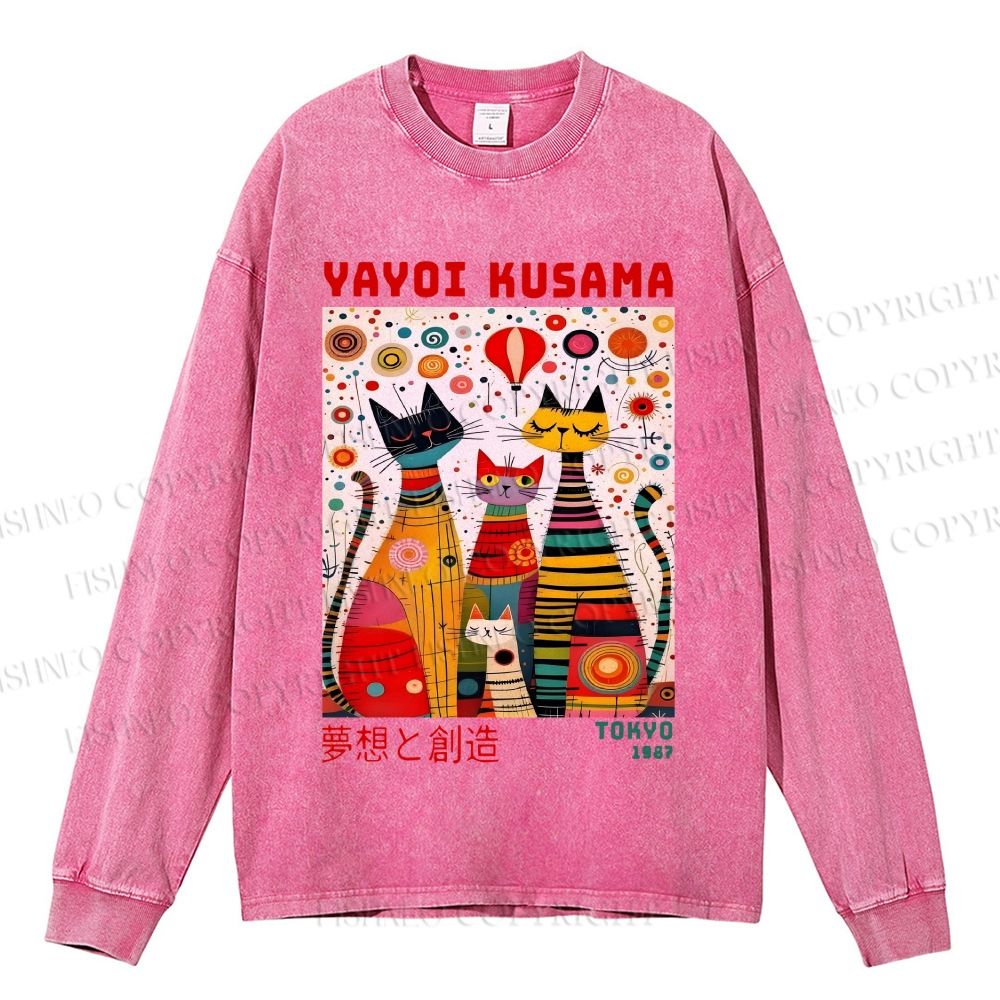 Unisex Casual Washed Yayoi Kusama Cats Dots Printed Long Sleeve T-shirt