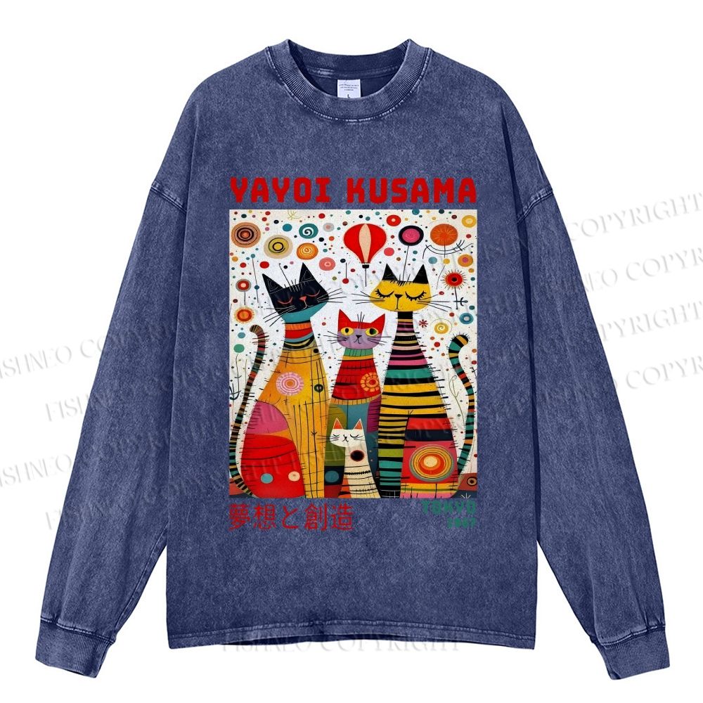 Unisex Casual Washed Yayoi Kusama Cats Dots Printed Long Sleeve T-shirt