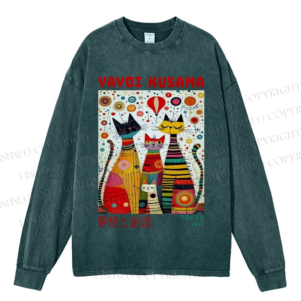 Unisex Casual Washed Yayoi Kusama Cats Dots Printed Long Sleeve T-shirt