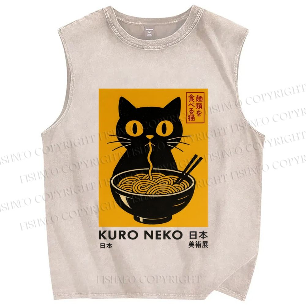 Unisex Kuro Neko Cat Printed Washed Tank Top