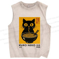 Unisex Kuro Neko Cat Printed Washed Tank Top