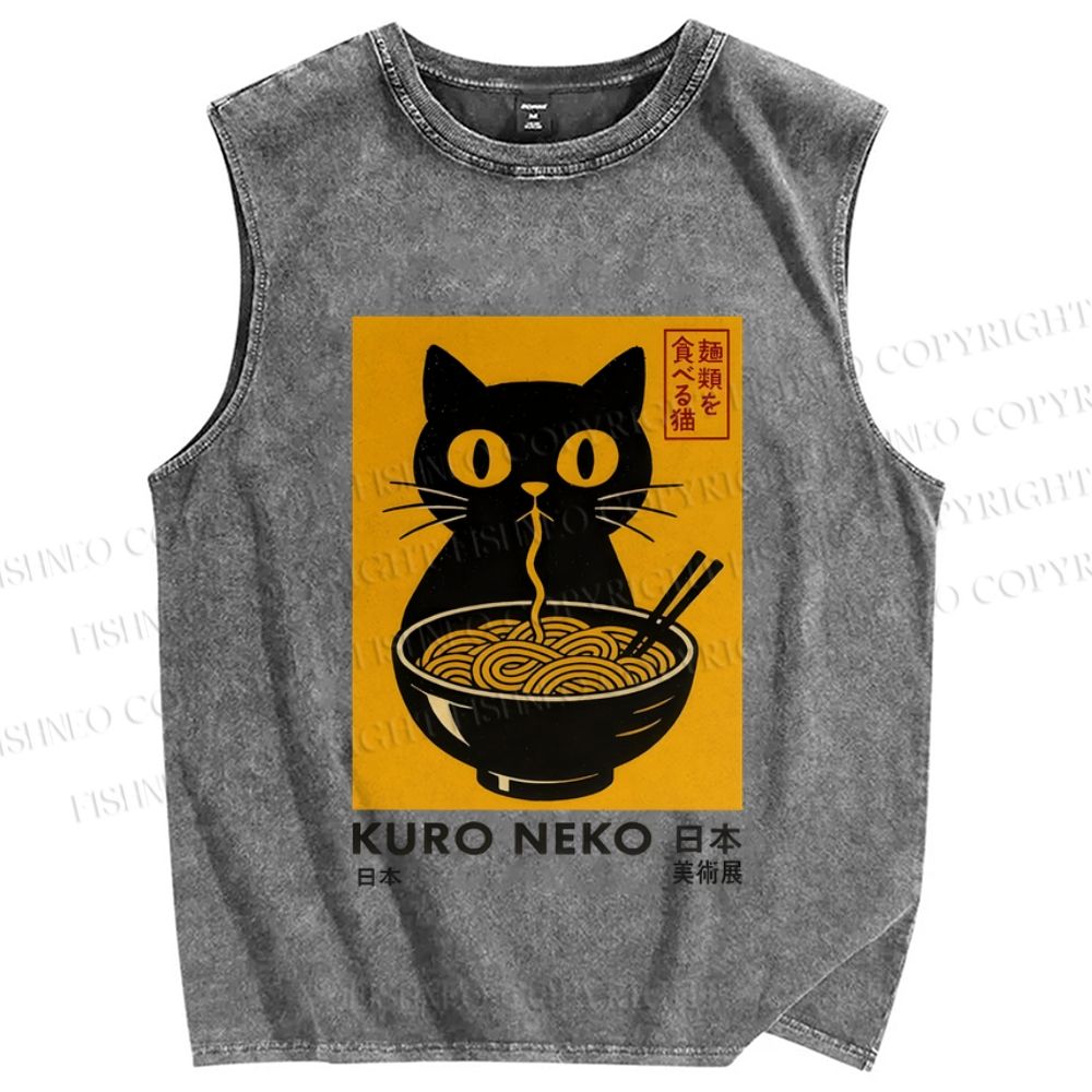 Unisex Kuro Neko Cat Printed Washed Tank Top