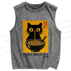 Unisex Kuro Neko Cat Printed Washed Tank Top