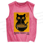 Unisex Kuro Neko Cat Printed Washed Tank Top