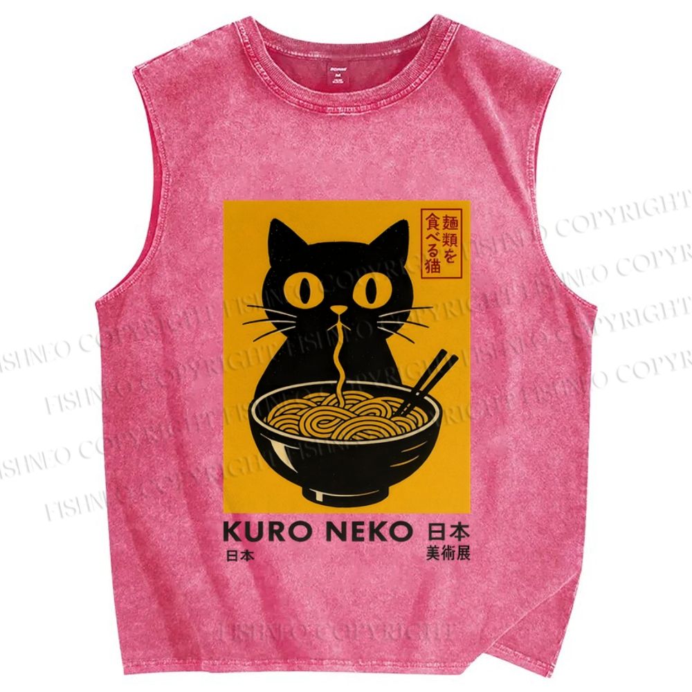 Unisex Kuro Neko Cat Printed Washed Tank Top