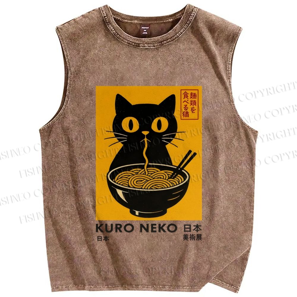 Unisex Kuro Neko Cat Printed Washed Tank Top