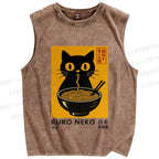 Unisex Kuro Neko Cat Printed Washed Tank Top
