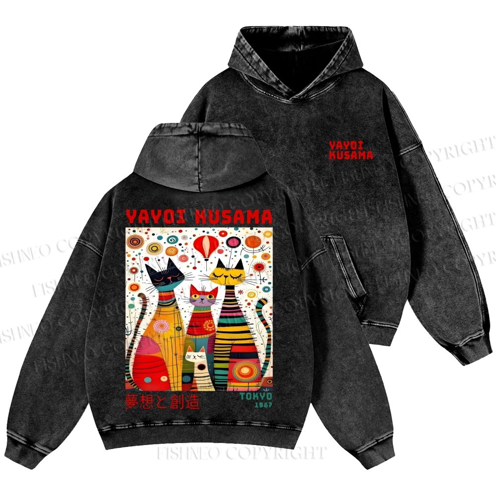 Unisex Casual Yayoi Kusama Cats Dots Printed Washed Hoodie