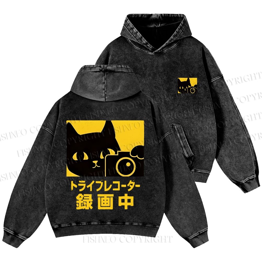 Unisex Casual Cat Camera Japanese Style Printed Washed Hoodie