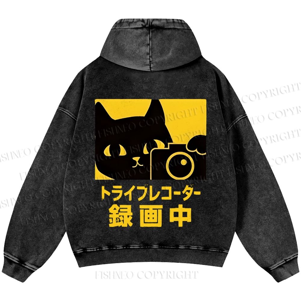 Unisex Casual Cat Camera Japanese Style Printed Washed Hoodie