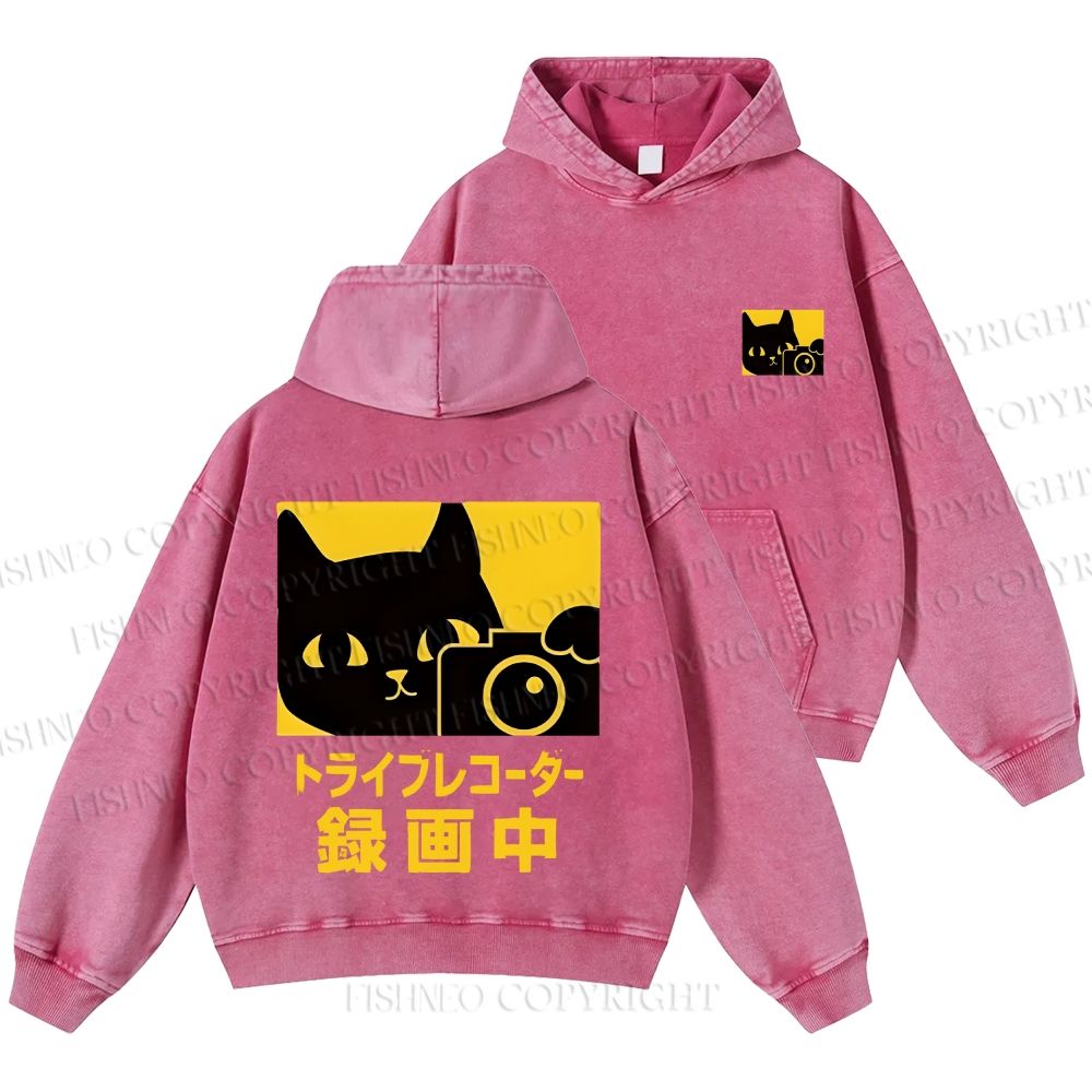 Unisex Casual Cat Camera Japanese Style Printed Washed Hoodie