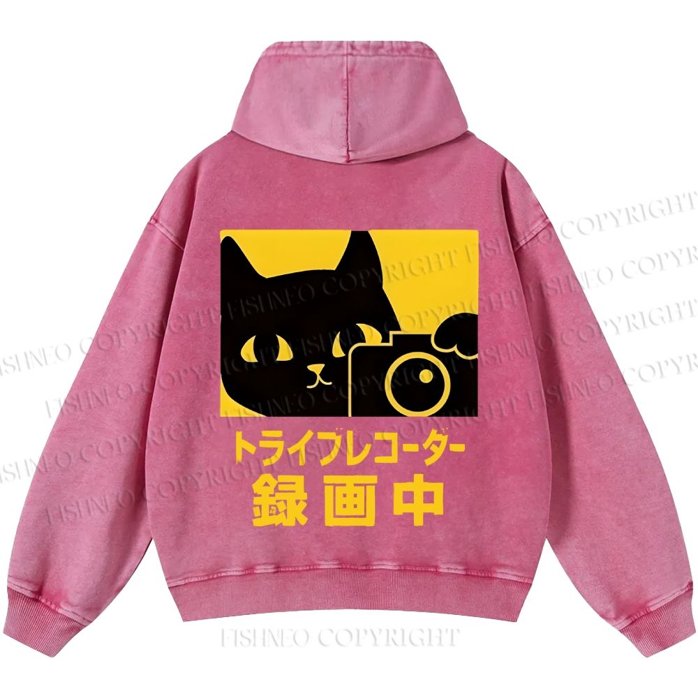 Unisex Casual Cat Camera Japanese Style Printed Washed Hoodie