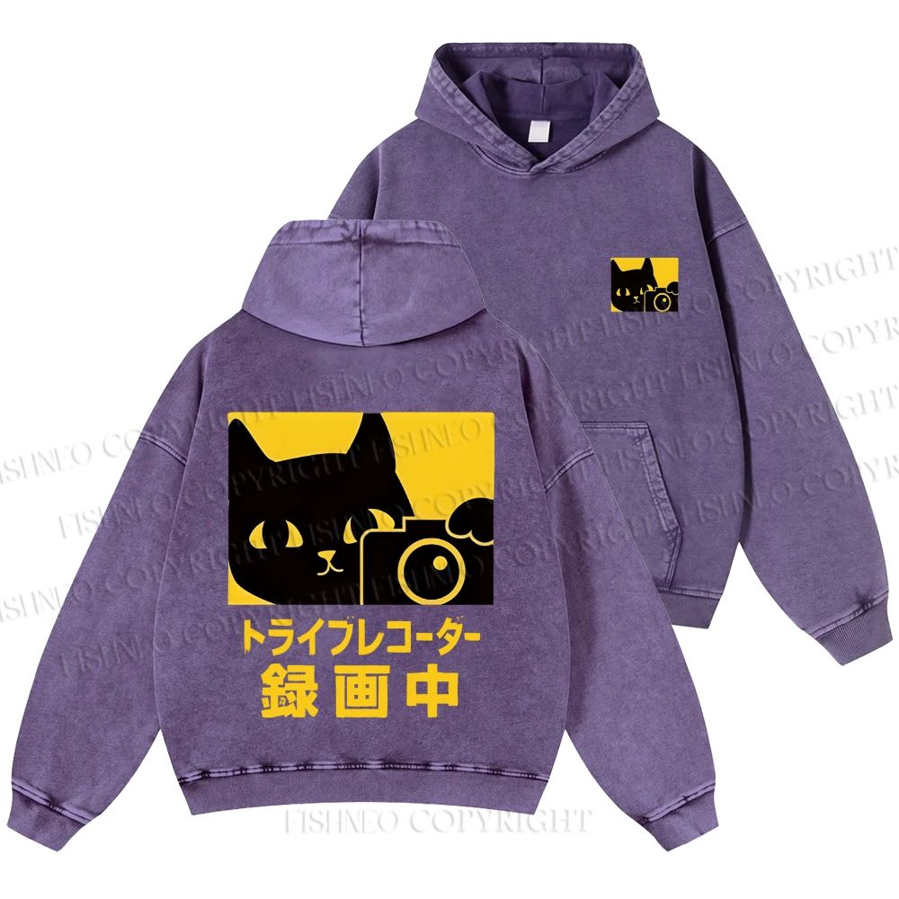 Unisex Casual Cat Camera Japanese Style Printed Washed Hoodie