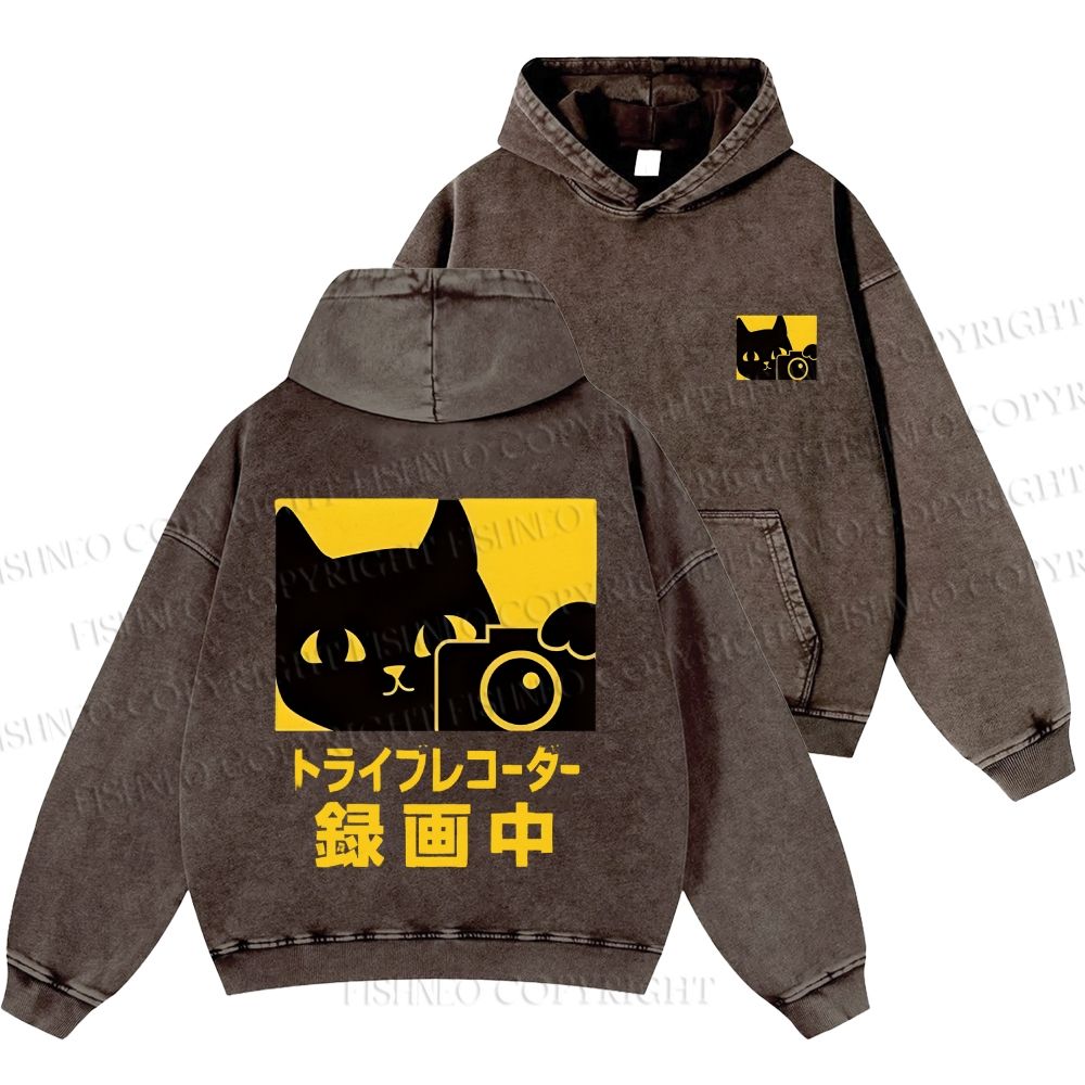 Unisex Casual Cat Camera Japanese Style Printed Washed Hoodie