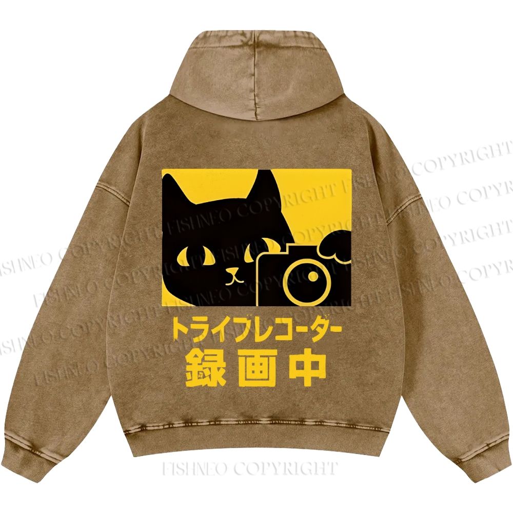 Unisex Casual Cat Camera Japanese Style Printed Washed Hoodie