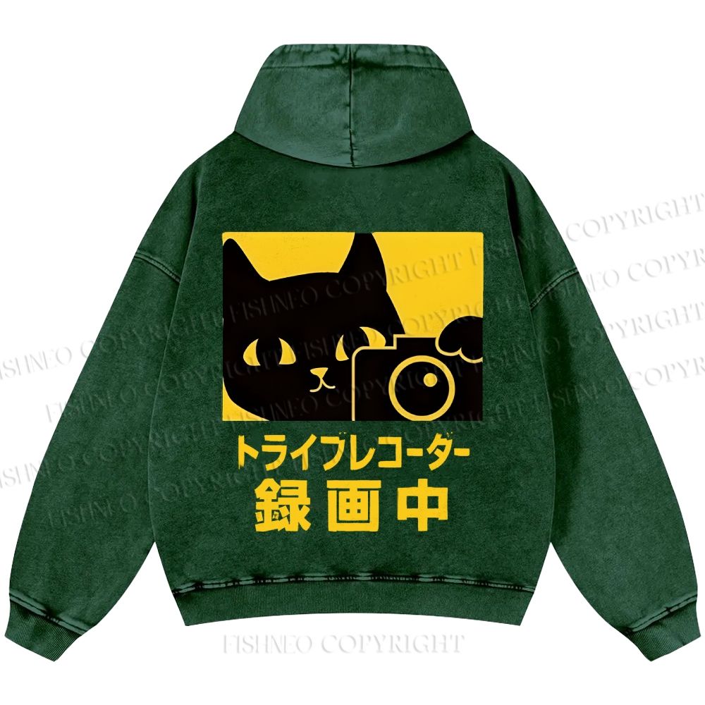 Unisex Casual Cat Camera Japanese Style Printed Washed Hoodie