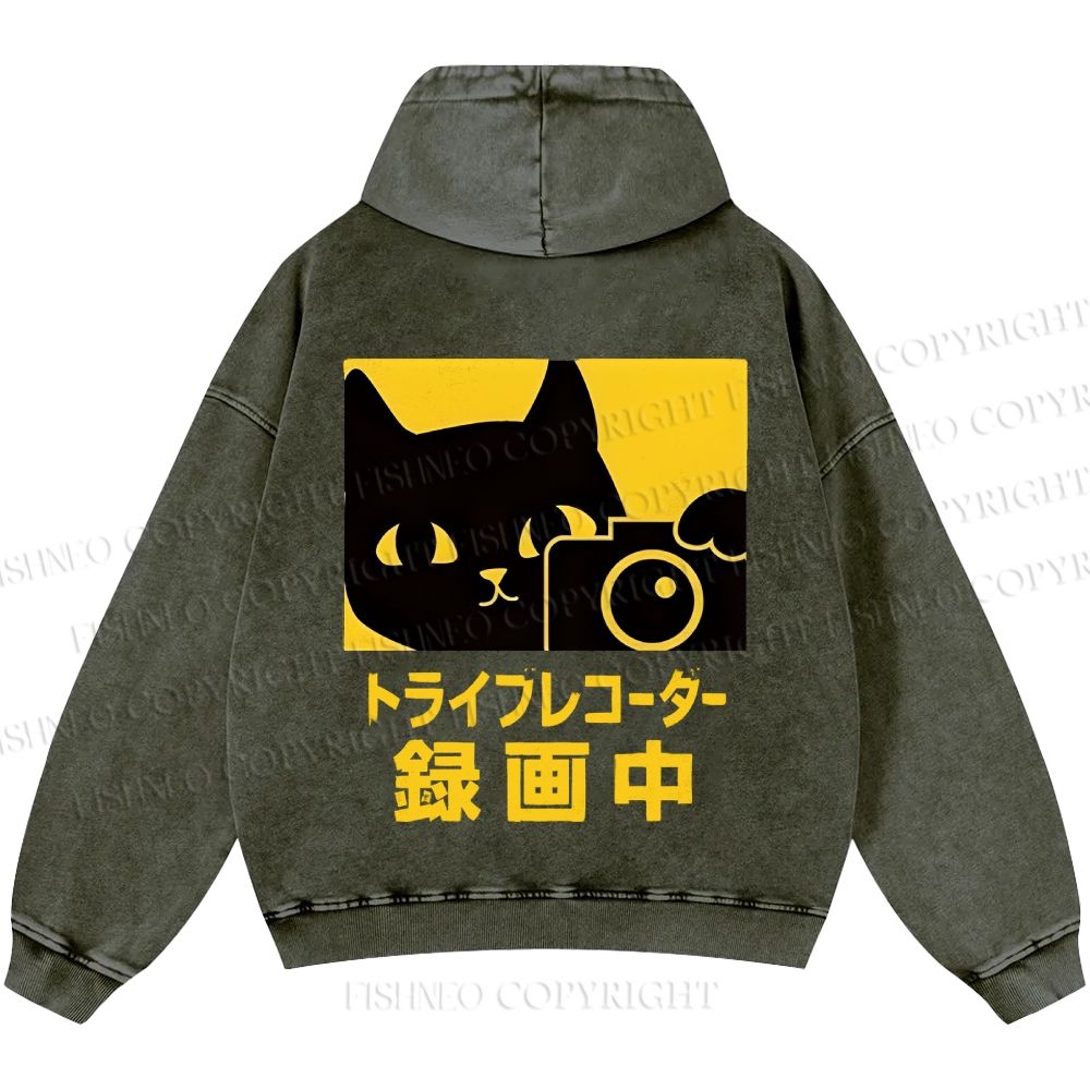 Unisex Casual Cat Camera Japanese Style Printed Washed Hoodie