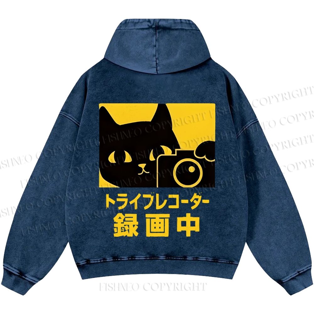 Unisex Casual Cat Camera Japanese Style Printed Washed Hoodie