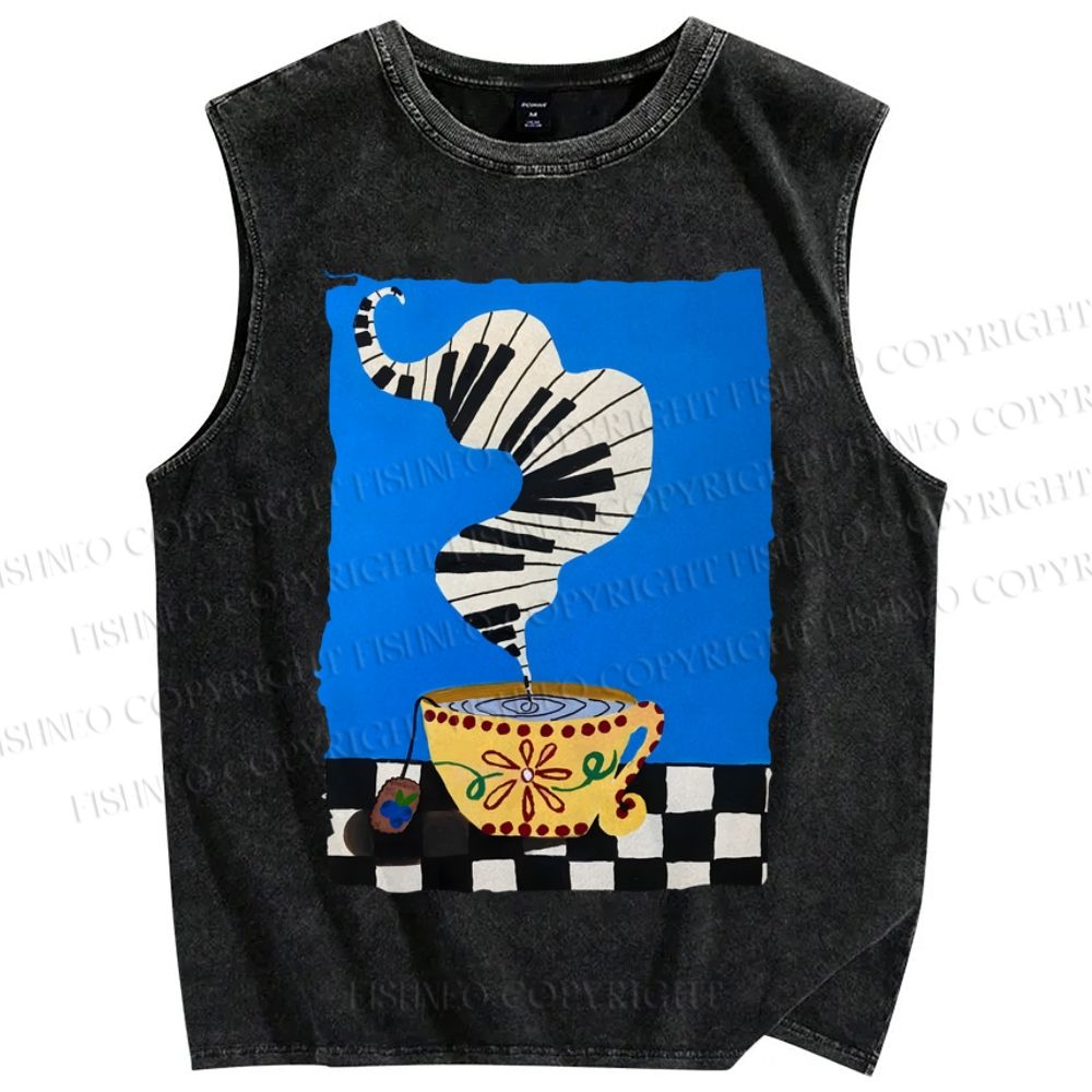Unisex Vintage Coffee Piano Tea Time Printed Washed Tank Top