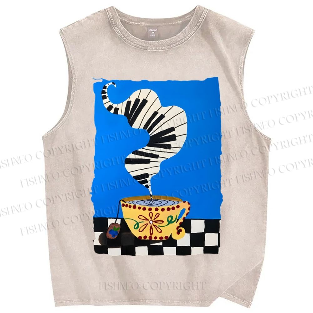 Unisex Vintage Coffee Piano Tea Time Printed Washed Tank Top