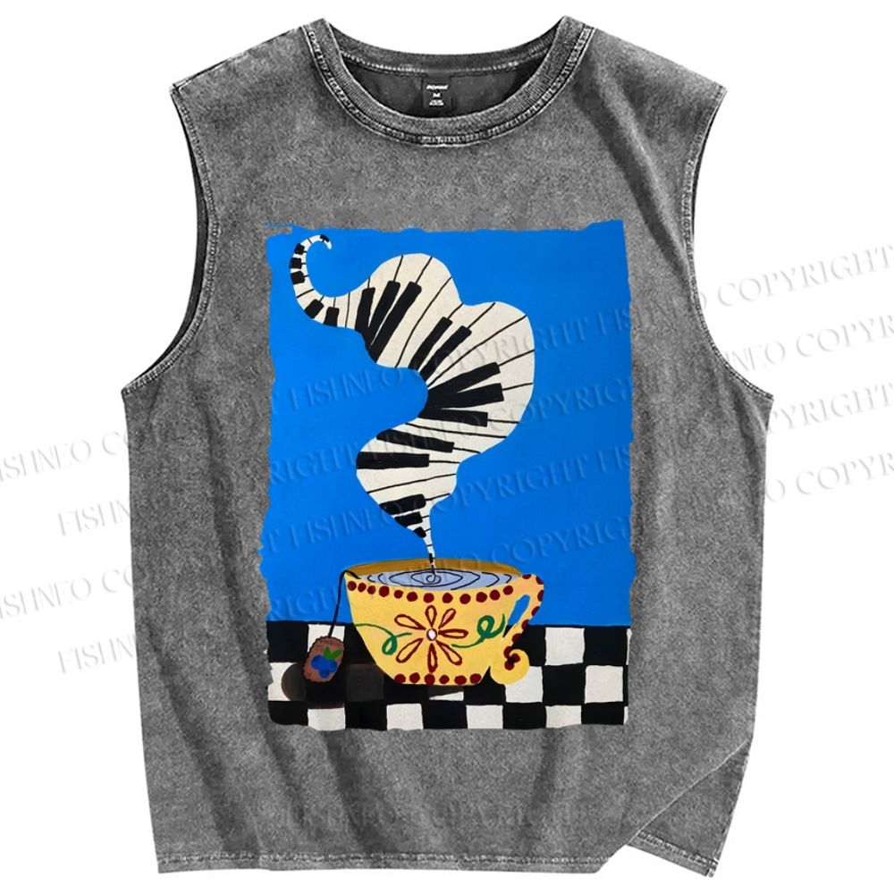 Unisex Vintage Coffee Piano Tea Time Printed Washed Tank Top