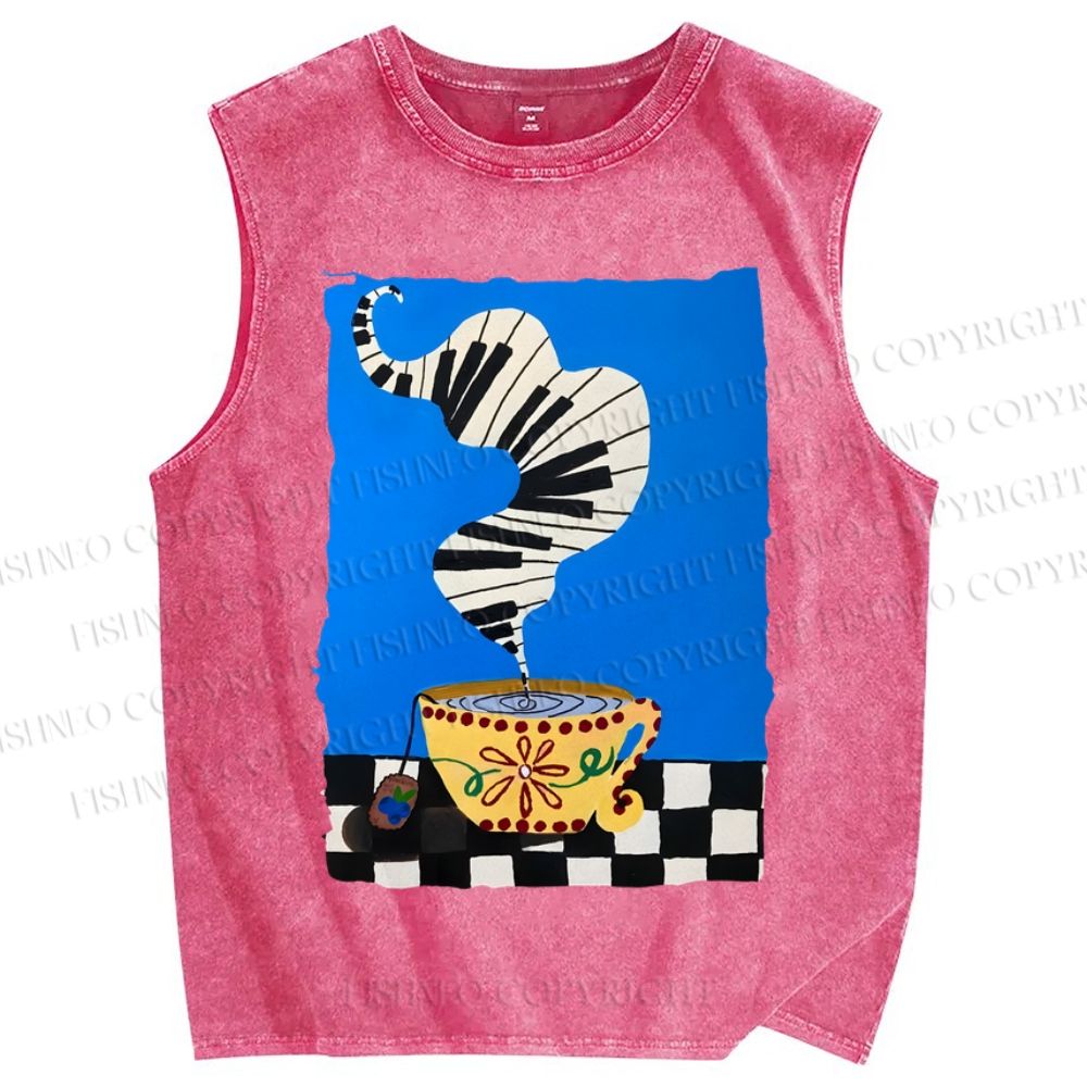 Unisex Vintage Coffee Piano Tea Time Printed Washed Tank Top