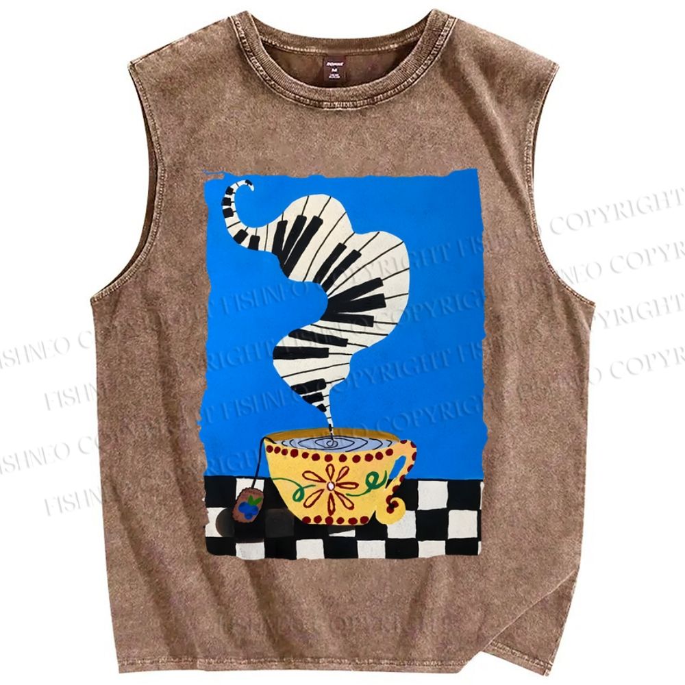 Unisex Vintage Coffee Piano Tea Time Printed Washed Tank Top