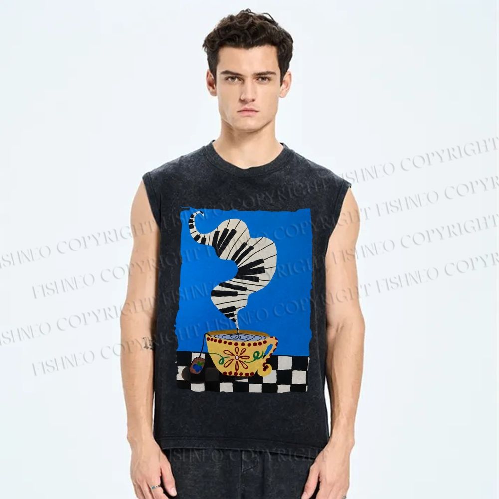 Unisex Vintage Coffee Piano Tea Time Printed Washed Tank Top