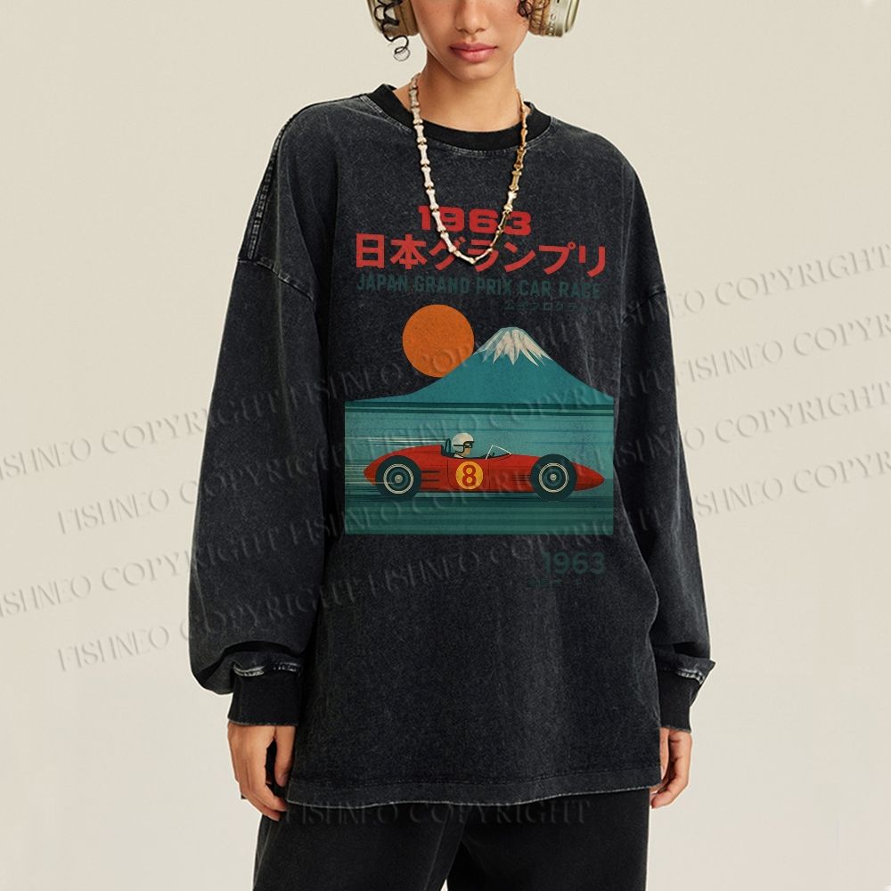 Unisex Casual Japan Crand Prix Car Race Washed Printed Long Sleeve T-shirt