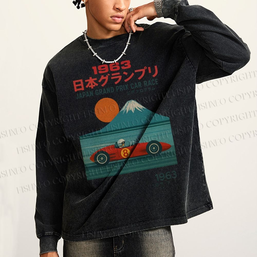 Unisex Casual Japan Crand Prix Car Race Washed Printed Long Sleeve T-shirt