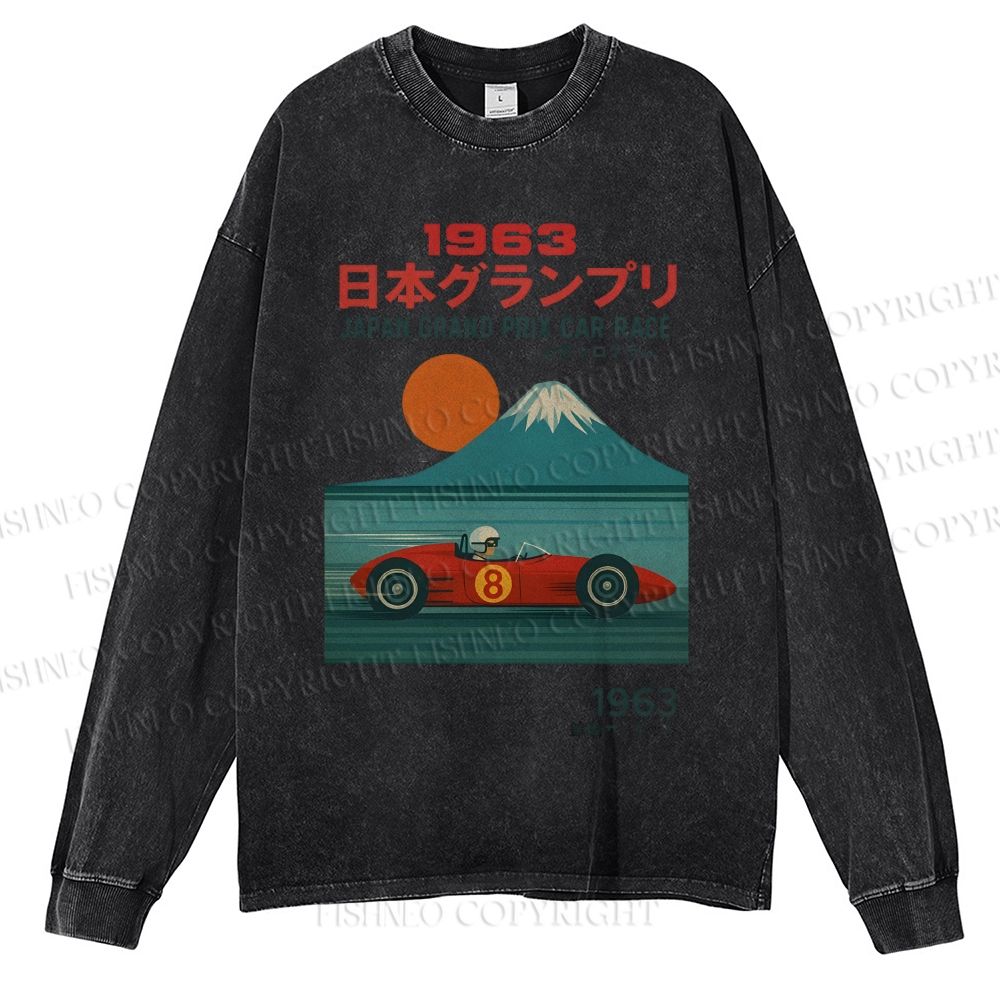 Unisex Casual Japan Crand Prix Car Race Washed Printed Long Sleeve T-shirt