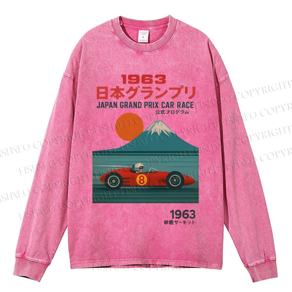 Unisex Casual Japan Crand Prix Car Race Washed Printed Long Sleeve T-shirt