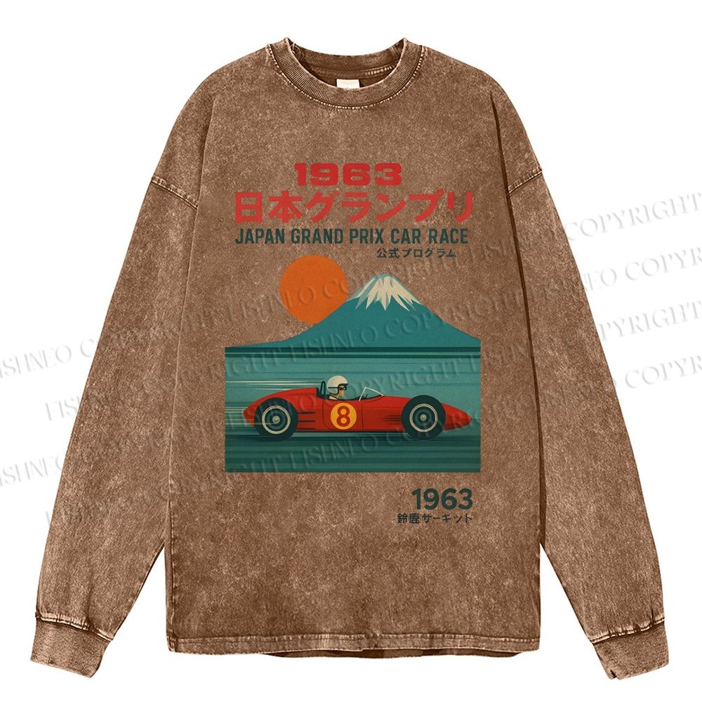 Unisex Casual Japan Crand Prix Car Race Washed Printed Long Sleeve T-shirt