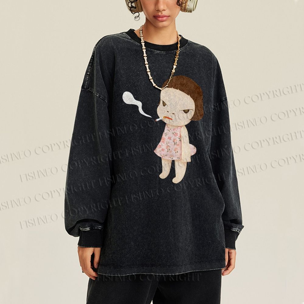 Unisex Casual Smoking Girl Yoshitomo Nara Washed Printed Long Sleeve T-shirt