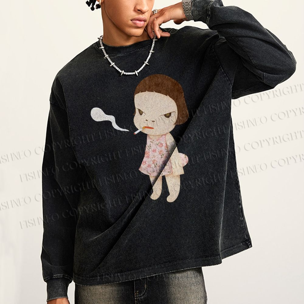 Unisex Casual Smoking Girl Yoshitomo Nara Washed Printed Long Sleeve T-shirt
