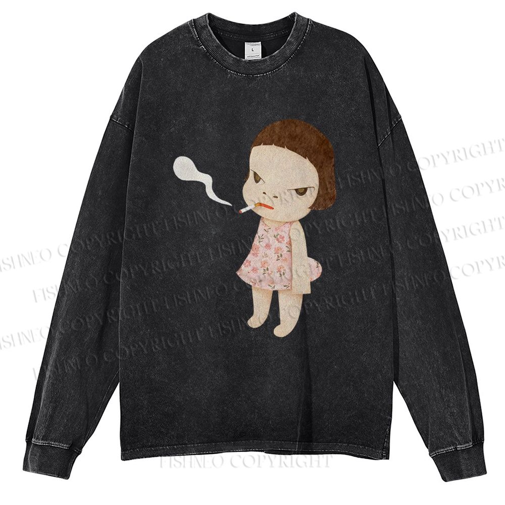 Unisex Casual Smoking Girl Yoshitomo Nara Washed Printed Long Sleeve T-shirt