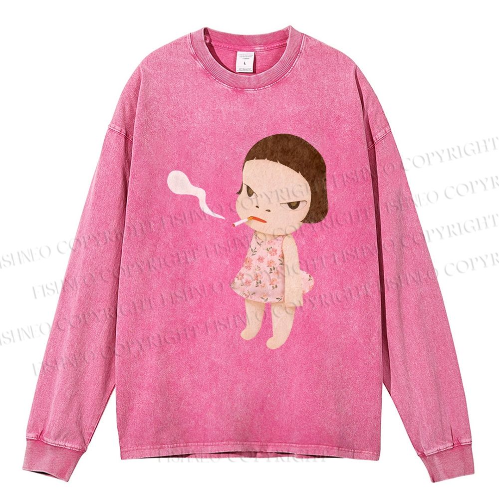Unisex Casual Smoking Girl Yoshitomo Nara Washed Printed Long Sleeve T-shirt