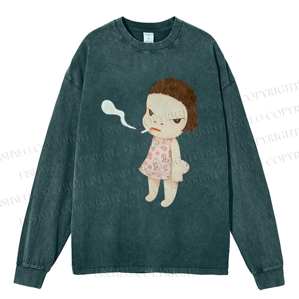 Unisex Casual Smoking Girl Yoshitomo Nara Washed Printed Long Sleeve T-shirt