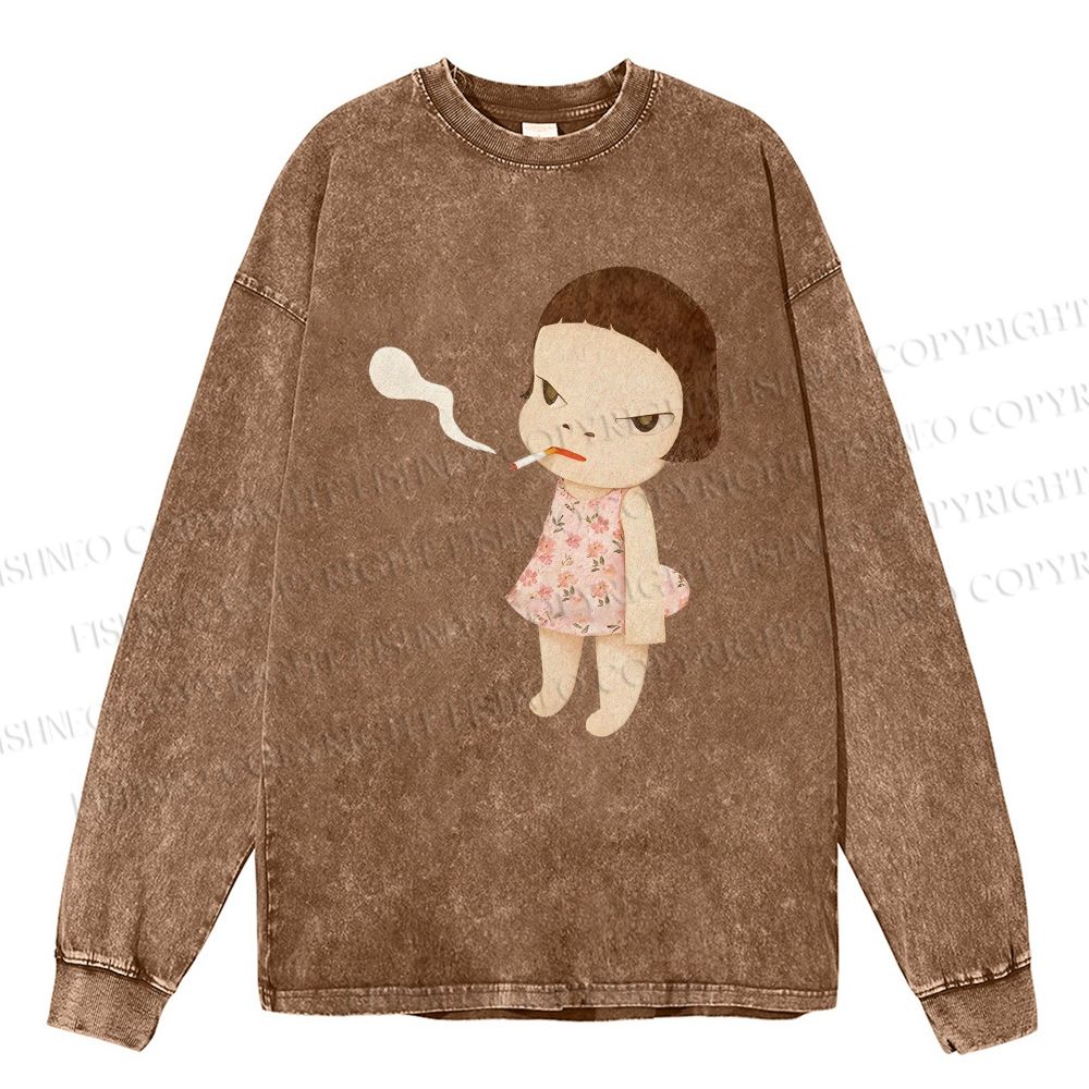 Unisex Casual Smoking Girl Yoshitomo Nara Washed Printed Long Sleeve T-shirt